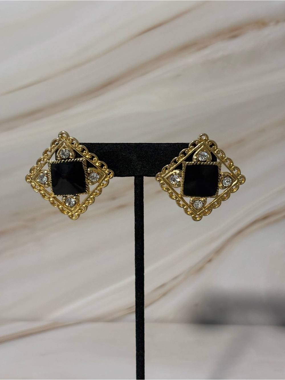 Two Sisters Gold-Tone Black Enamel & Crystal Square Clip Earrings 1.5”